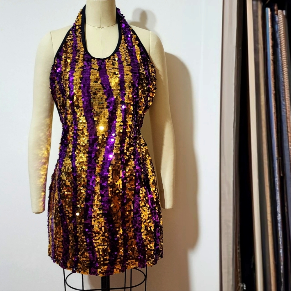 Revolution dancewear gold / berry sequined dress costume. Laker girl halloween M